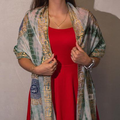 Nomad Sari Summer Marbella Print Scarf - Green with Gold  (180x50cm)