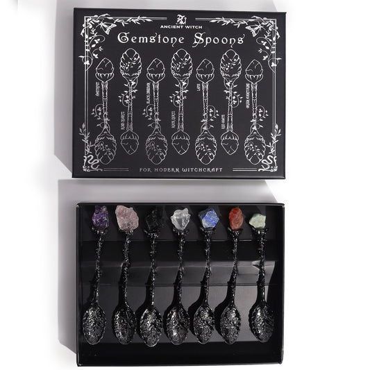 Set of 7 Dark Silver Gemstone Crystal Witch Spoons